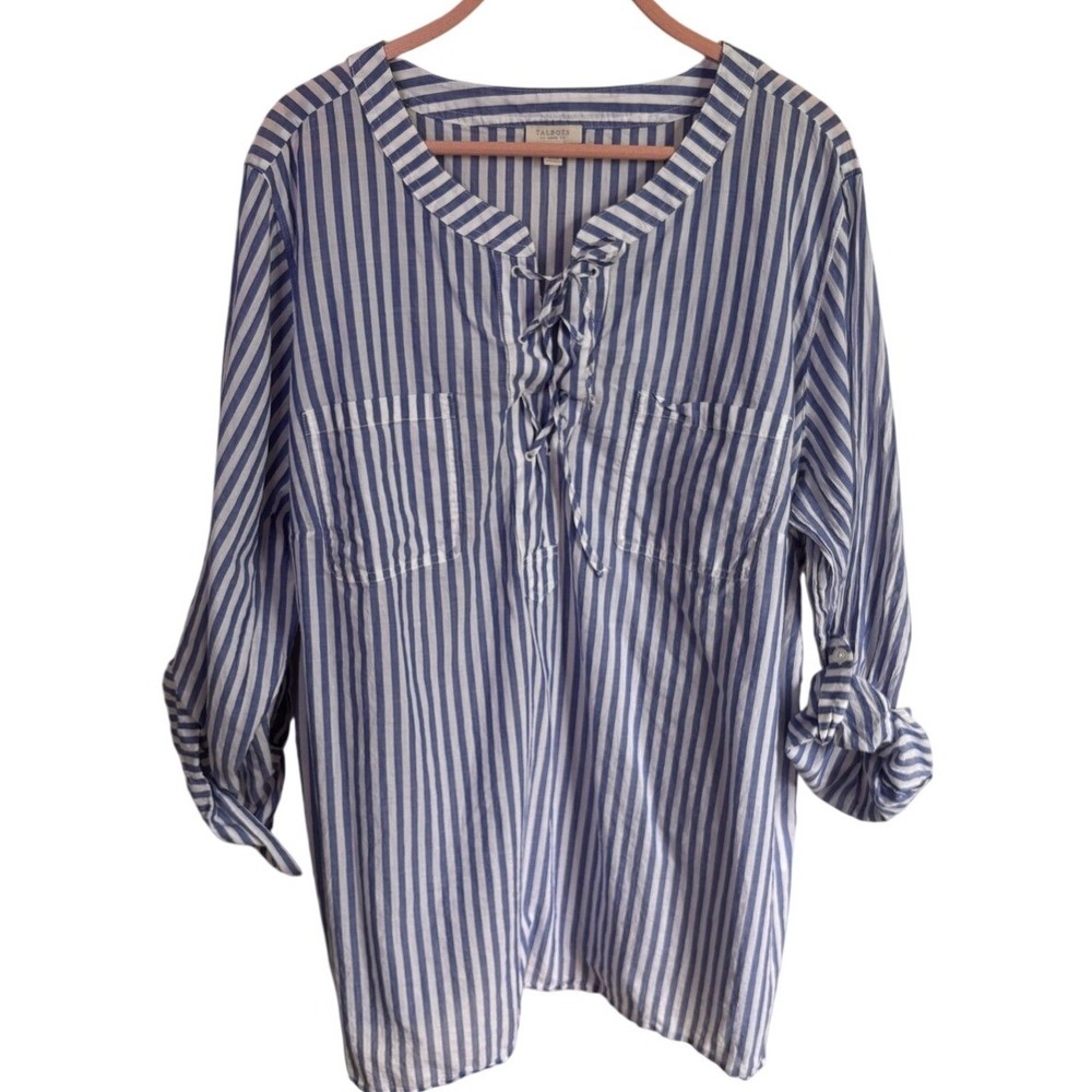 Talbots Striped 100% Cotton Lace Up Roll Tab Sleeve Tunic Top Blouse sz 3x Light